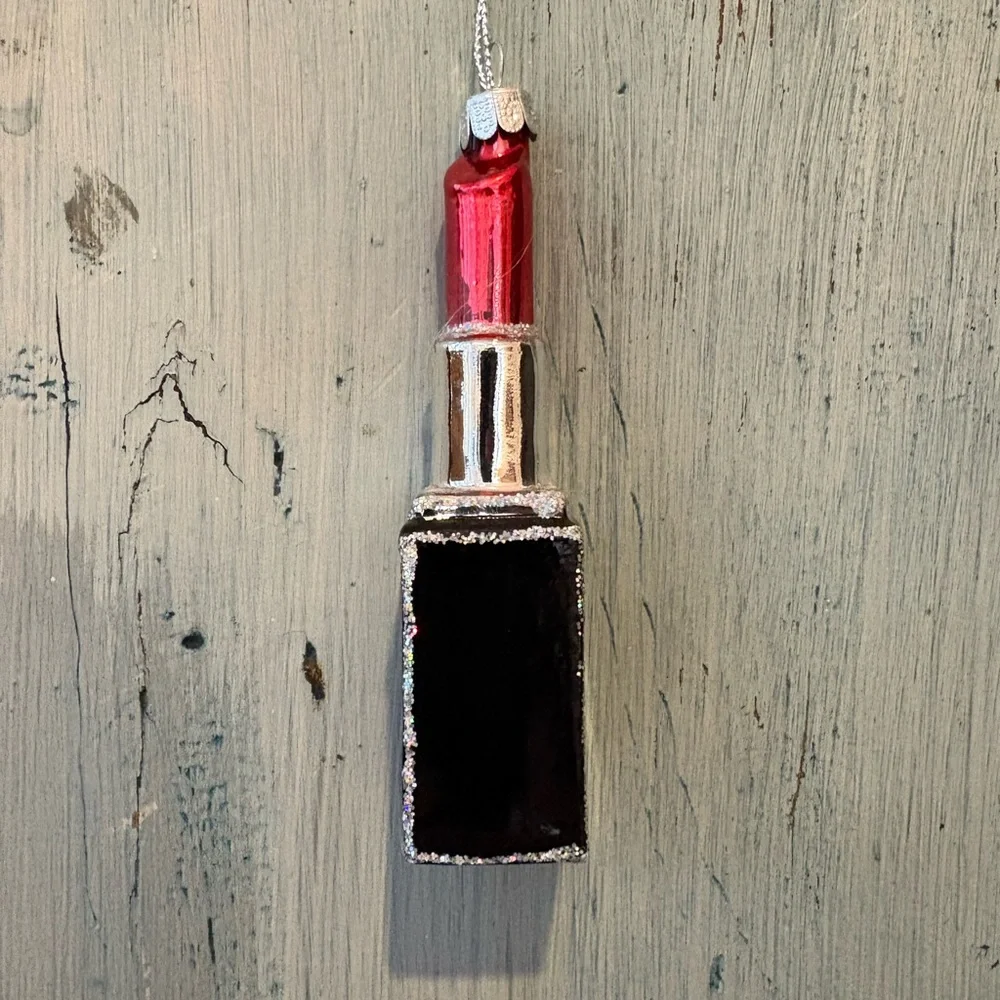 Lipstick Ornament - Red, Black, and Silver Glitter Glass, Great for Your Tree! - Picture 3 of 9